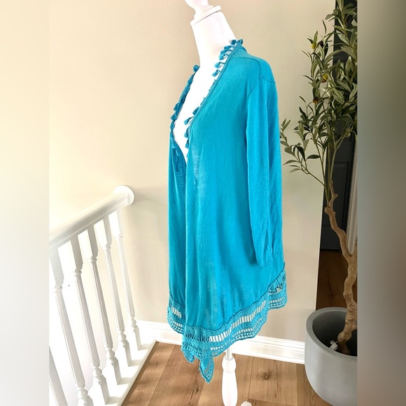 Chico's Turquoise Blue linen/cotton cardigan Top with fringe and lace trim - Picture 7 of 8